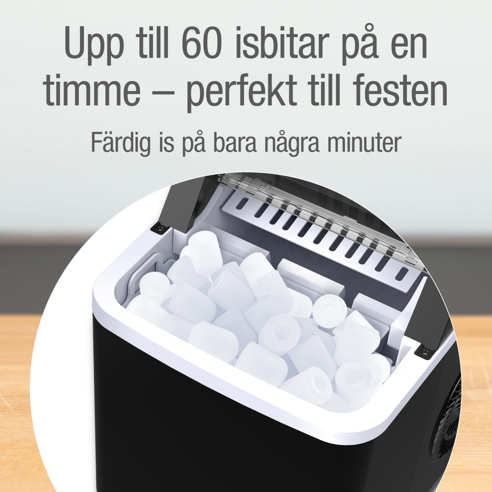 Rubicson ismaskine sort med cylindriske isterninger, tekst: Upp till 60 isbitar på en timme, Färdig is på bara några minuter.