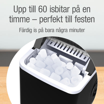 Rubicson ismaskine sort med cylindriske isterninger, tekst: Upp till 60 isbitar på en timme, Färdig is på bara några minuter.