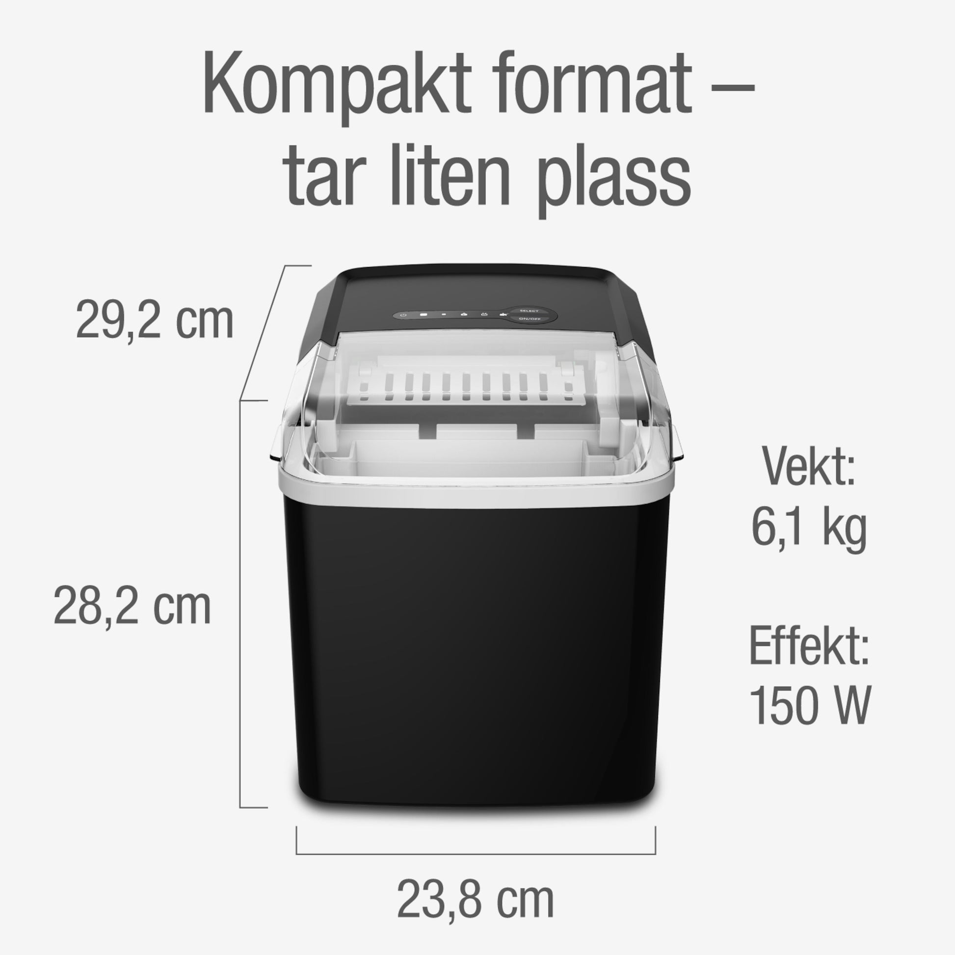 Rubicson ismaskine, kompakt 29,2x28,2x23,8 cm, 6,1 kg, 150 W, sølvgrå plast kabinet.