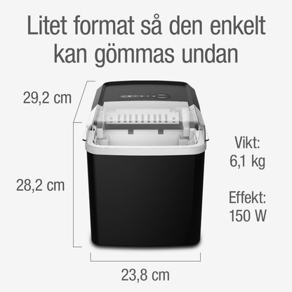 Rubicson ismaskine sort/sølv med låg, 29,2x28,2x23,8 cm (hxbxd), 6,1 kg, 150 W.