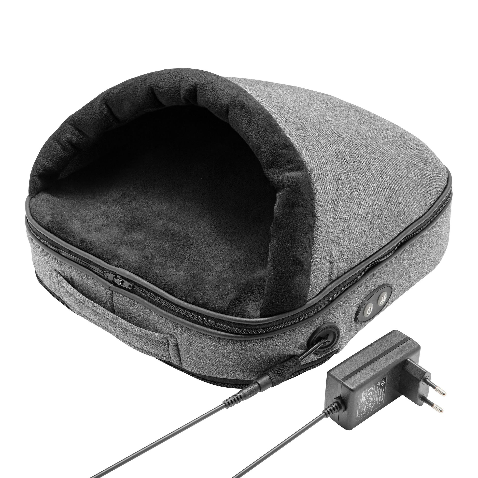 Rubicson fod- og rygmassager med varme, grå kuppelform, sort blød inderside, tilsluttet ledning og synlig adapter.
