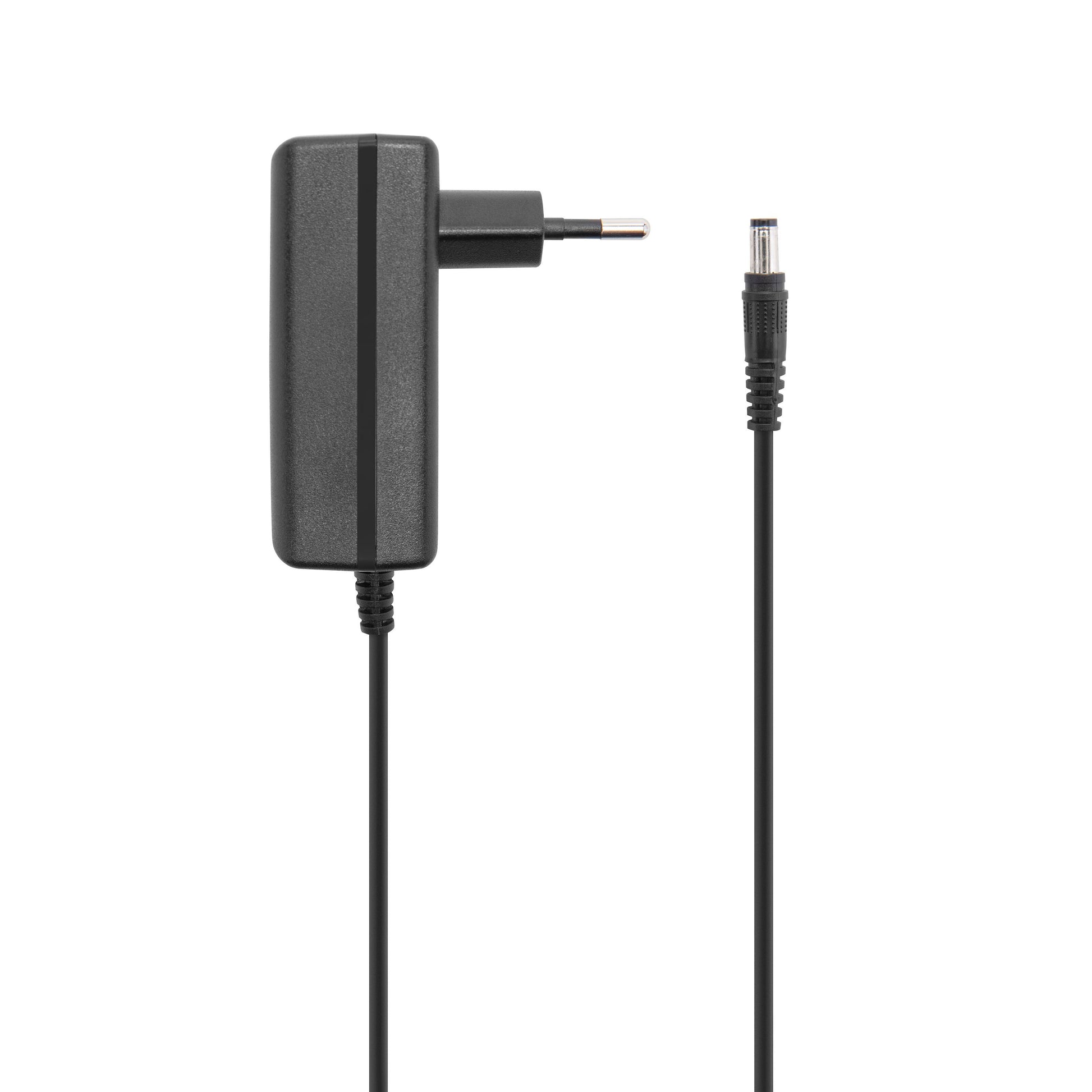 Sort AC-adapter med europæisk stik, lang ledning og barrelstik til Rubicson Fod- og rygmassage med varme.