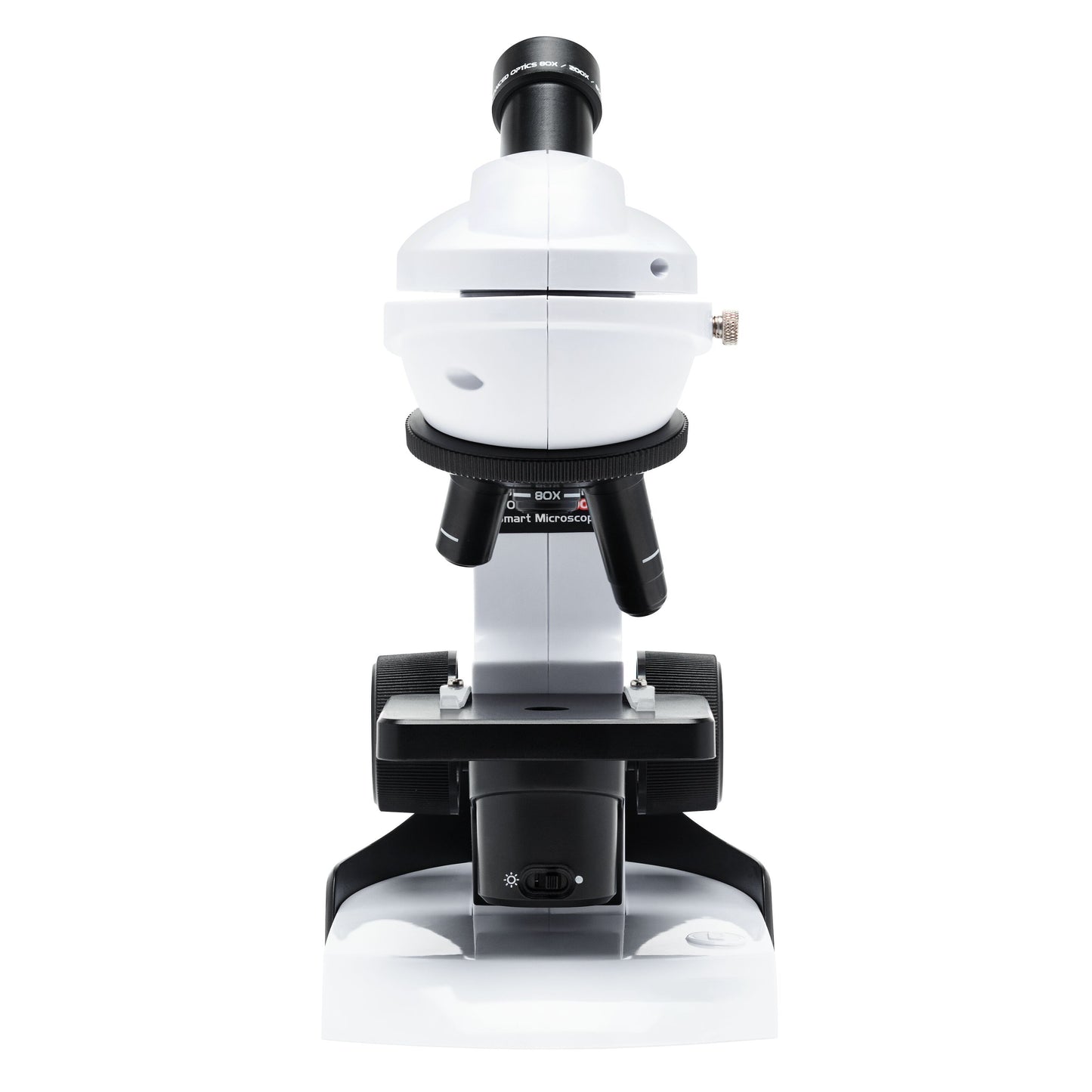 Kraftfuldt mikroskop 800x hvid/sort front, synligt okular, linser, drejeknapper og base.
