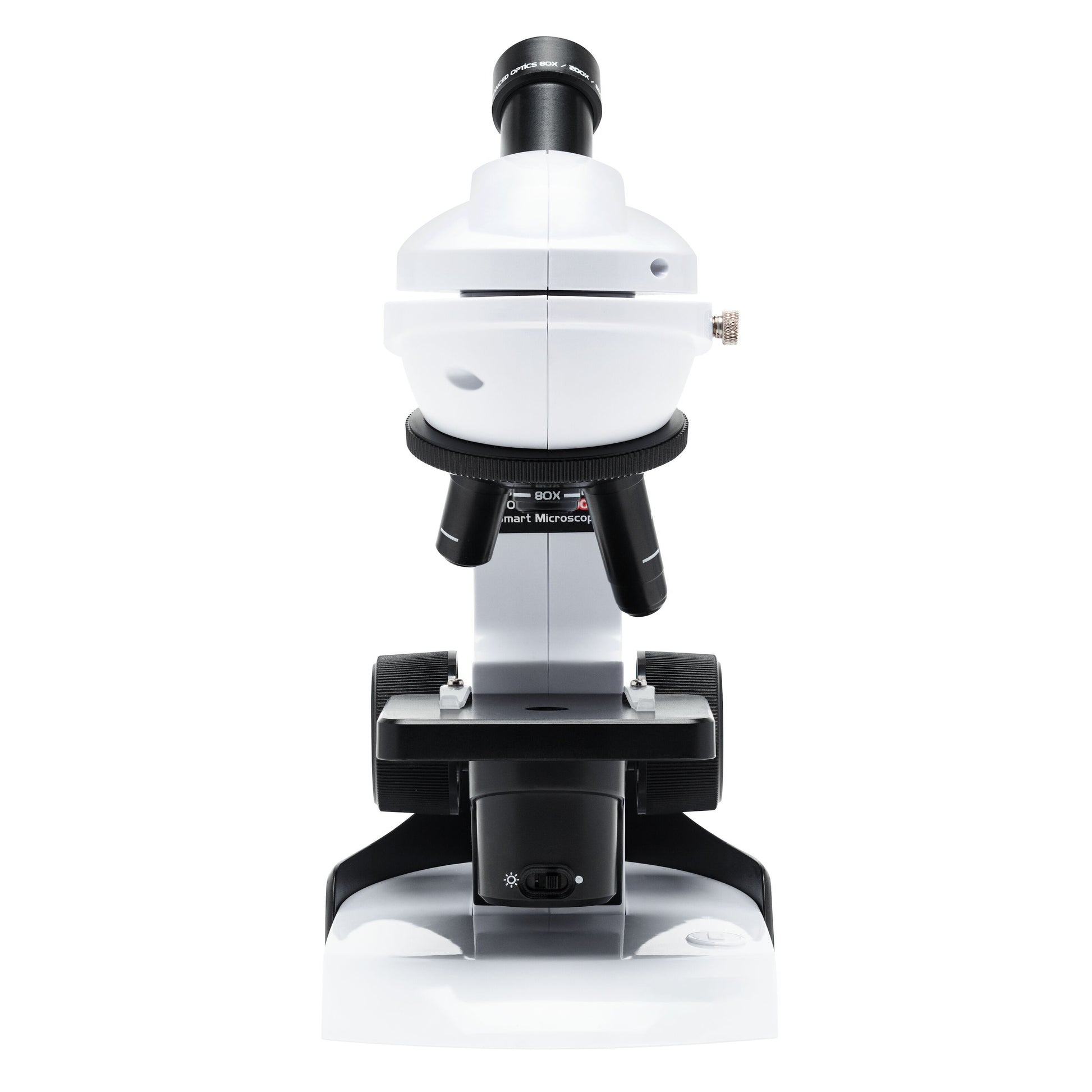 Kraftfuldt mikroskop 800x hvid/sort front, synligt okular, linser, drejeknapper og base.