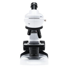Kraftfuldt mikroskop 800x hvid/sort front, synligt okular, linser, drejeknapper og base.