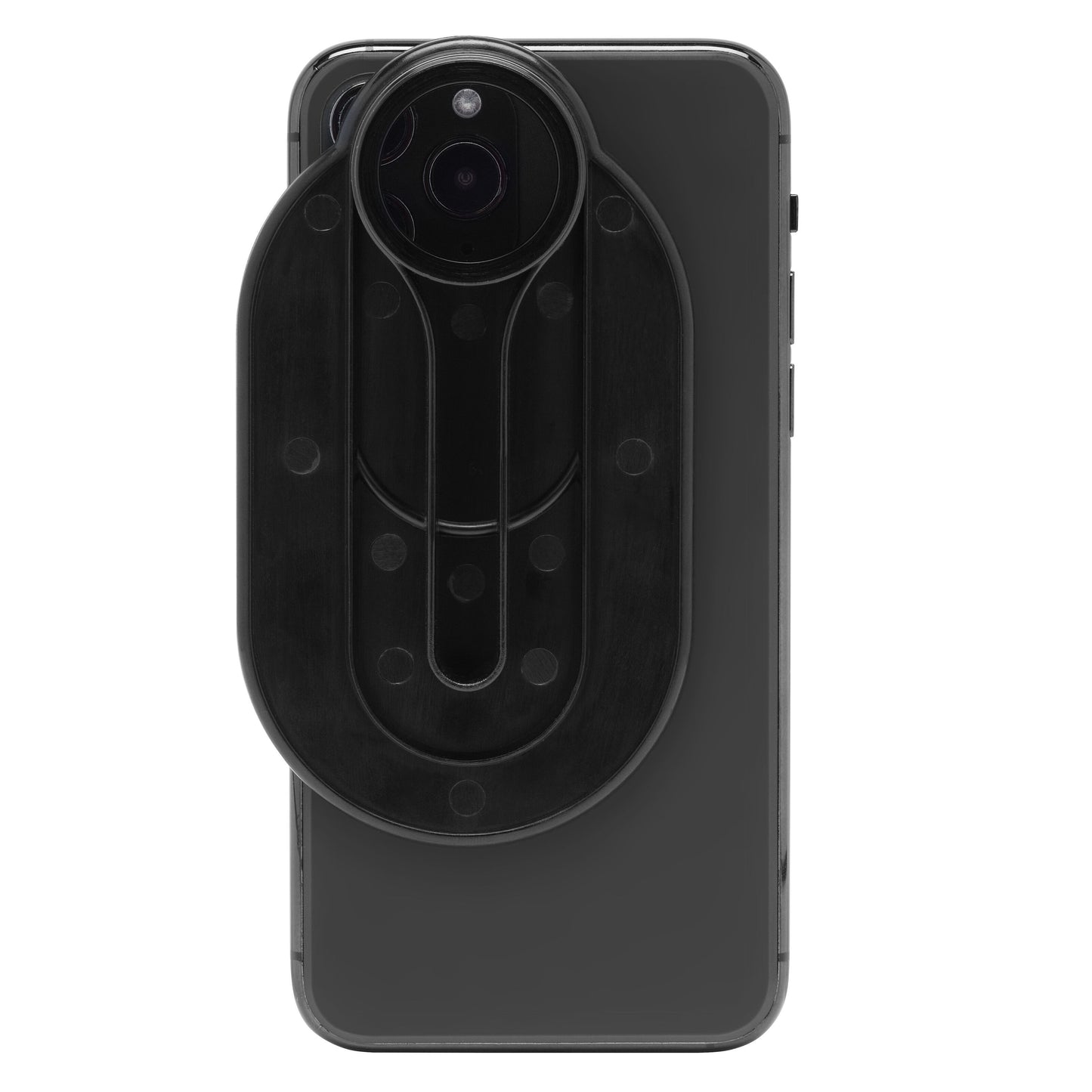 Playknowlogy Kraftfuldt mikroskop 800x sort oval adapter på bagside af smartphone, cirkulær sektion over linsen.