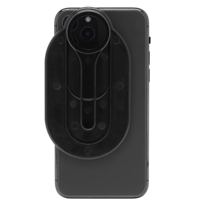 Playknowlogy Kraftfuldt mikroskop 800x sort oval adapter på bagside af smartphone, cirkulær sektion over linsen.