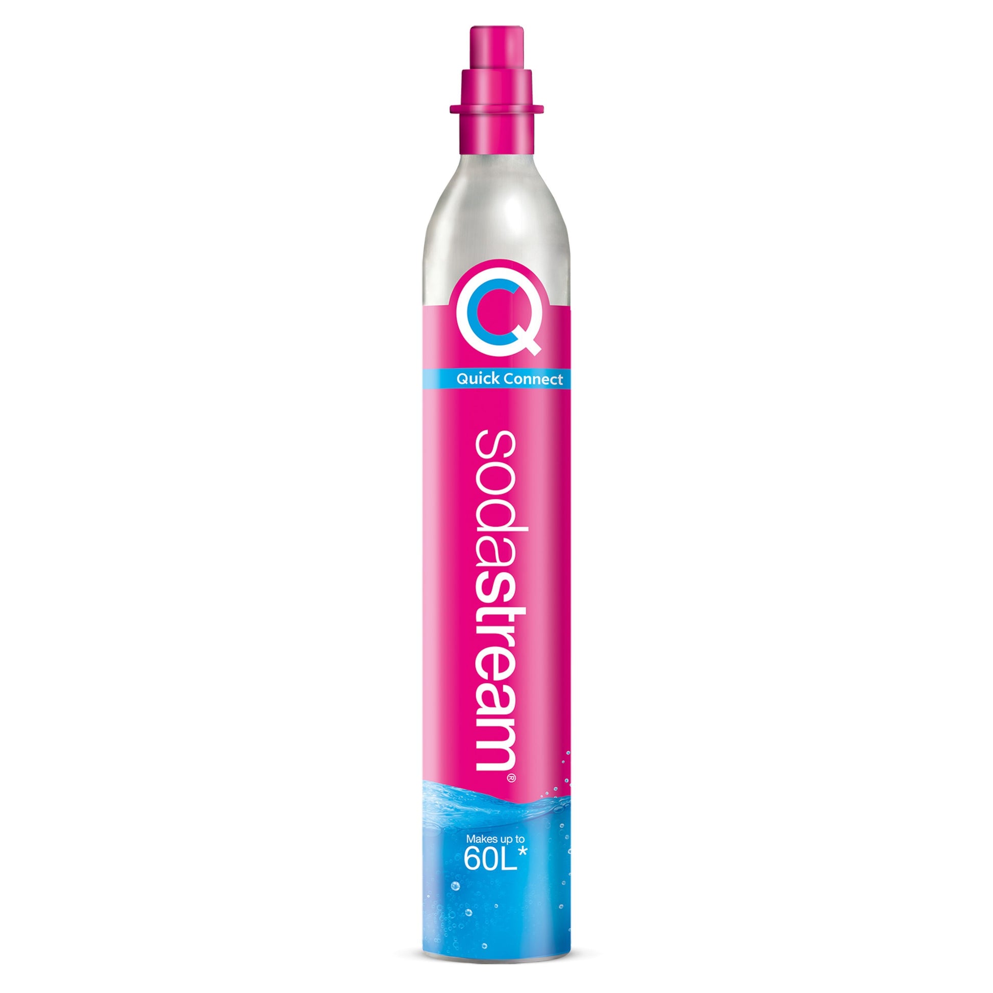 SodaStream Quick Connect CO2-patron, lyserød og blå label, pink top, logo og "op til 60 liter" tekst.