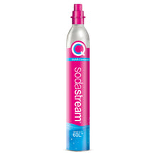 SodaStream Quick Connect CO2-patron, lyserød og blå label, pink top, logo og "op til 60 liter" tekst.