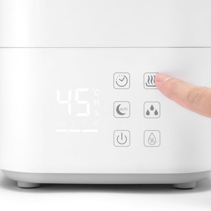 Cleverio AM300 luftfugter panel, hånd trykker dampknap, display viser 45°C, procent og flere ikoner.