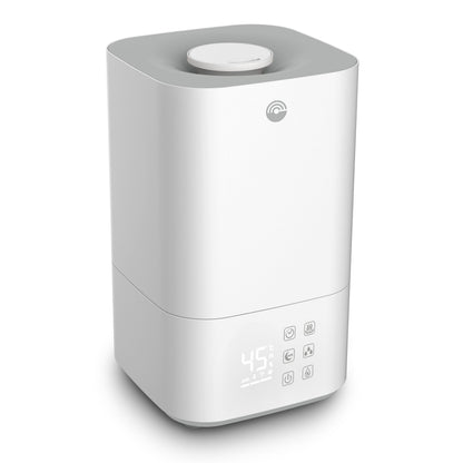Cleverio AM300 luftfugter med digitalt display, touch-knapper, rund topåbning og appstyring, rektangulær form.
