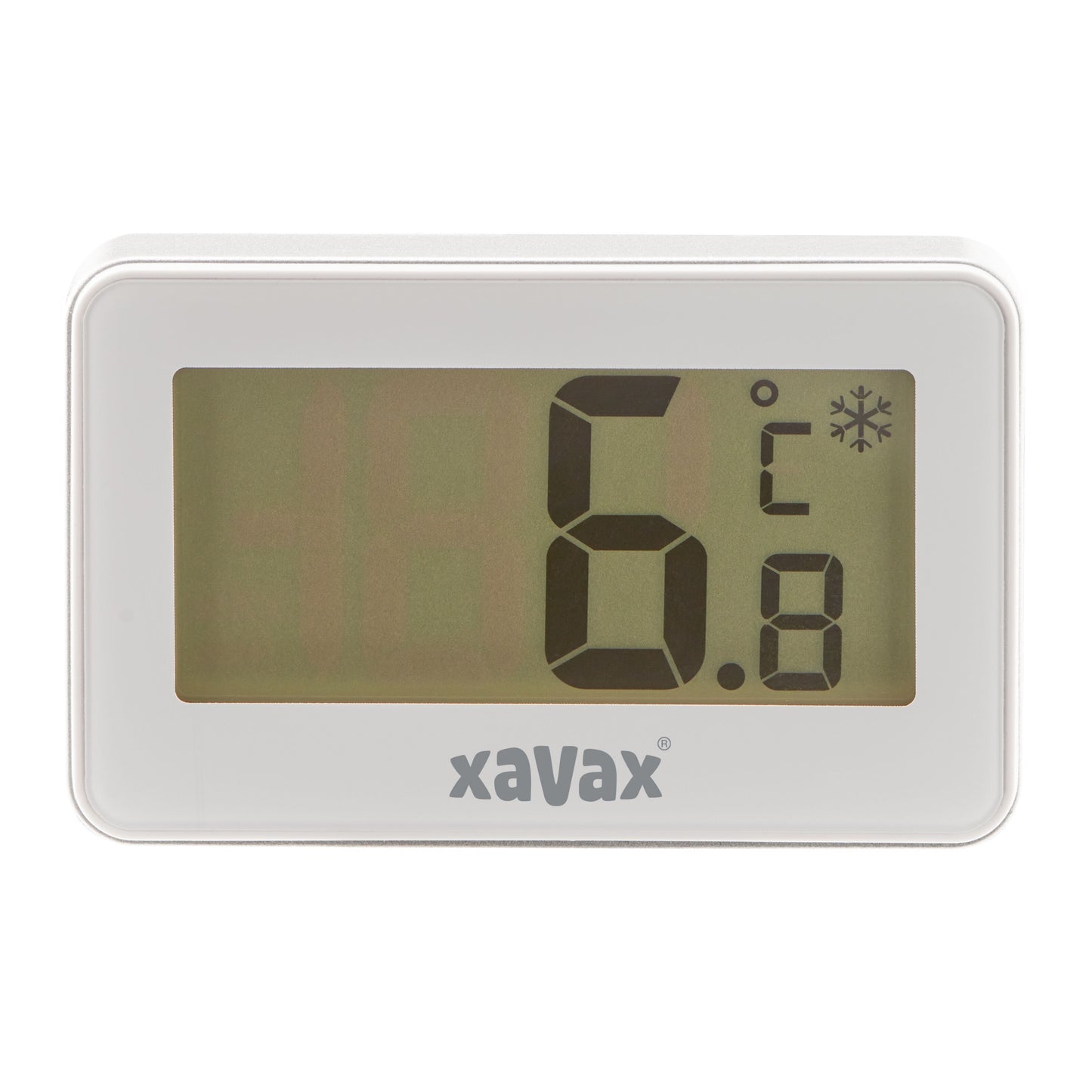 Xavax digitalt termometer til køleskab/fryser, hvidt rektangulært kabinet, LCD-skærm viser 6,8°C og snefnug-ikon.