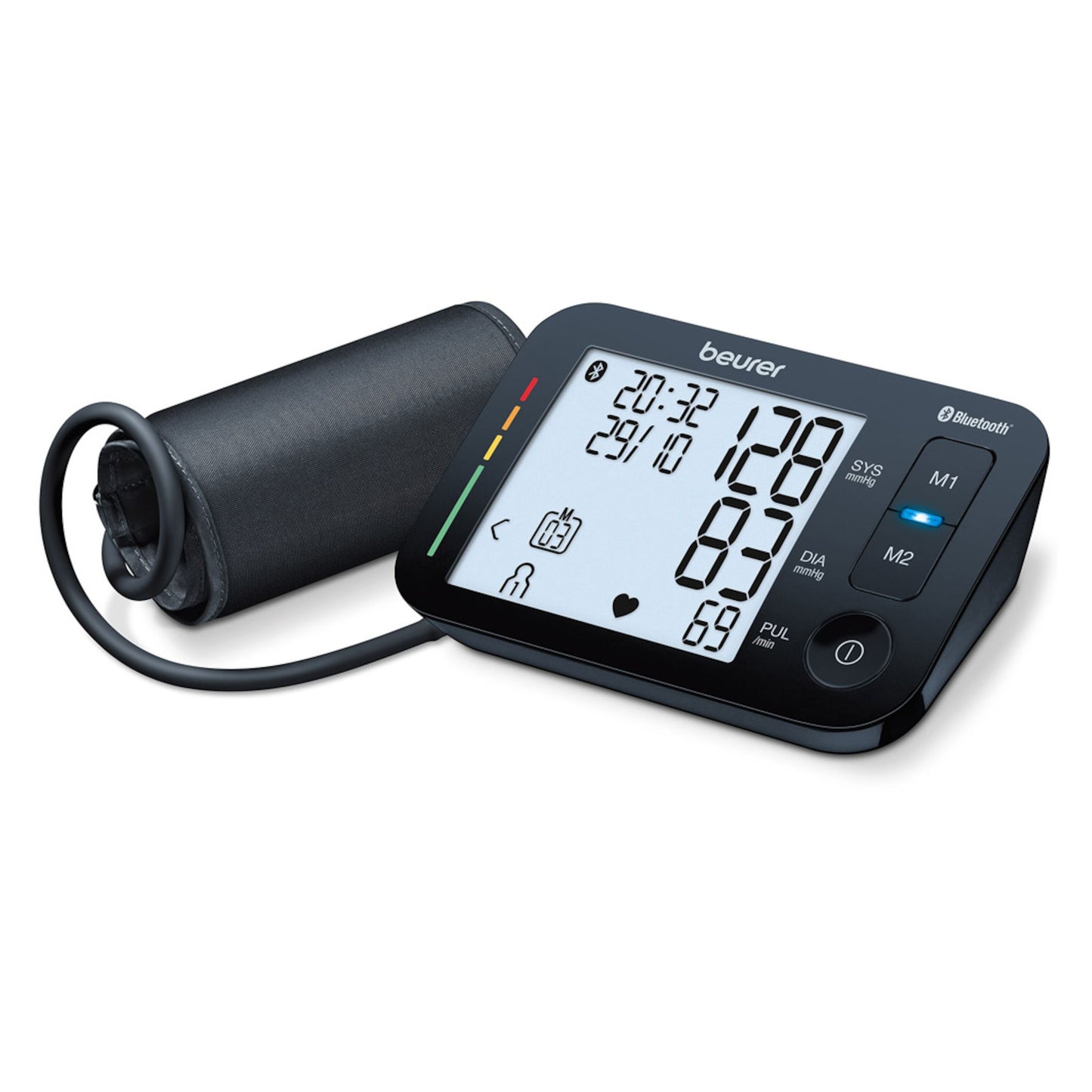 Beurer BM 54 blodtryksmåler til overarm, Bluetooth, stor LCD-skærm, farvekodet skala, M1/M2 hukommelse.