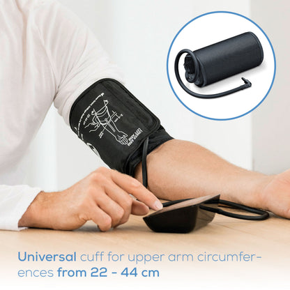 Beurer BM 54 overarms blodtryksmåler med Bluetooth og universalmanchet til 22-44 cm arme, manchet vist i detalje.