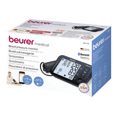 Beurer BM 54 Blodtryksmåler til overarm æske med enhed, Bluetooth ikon, ESH badge, tablet-bruger, flersproget info.