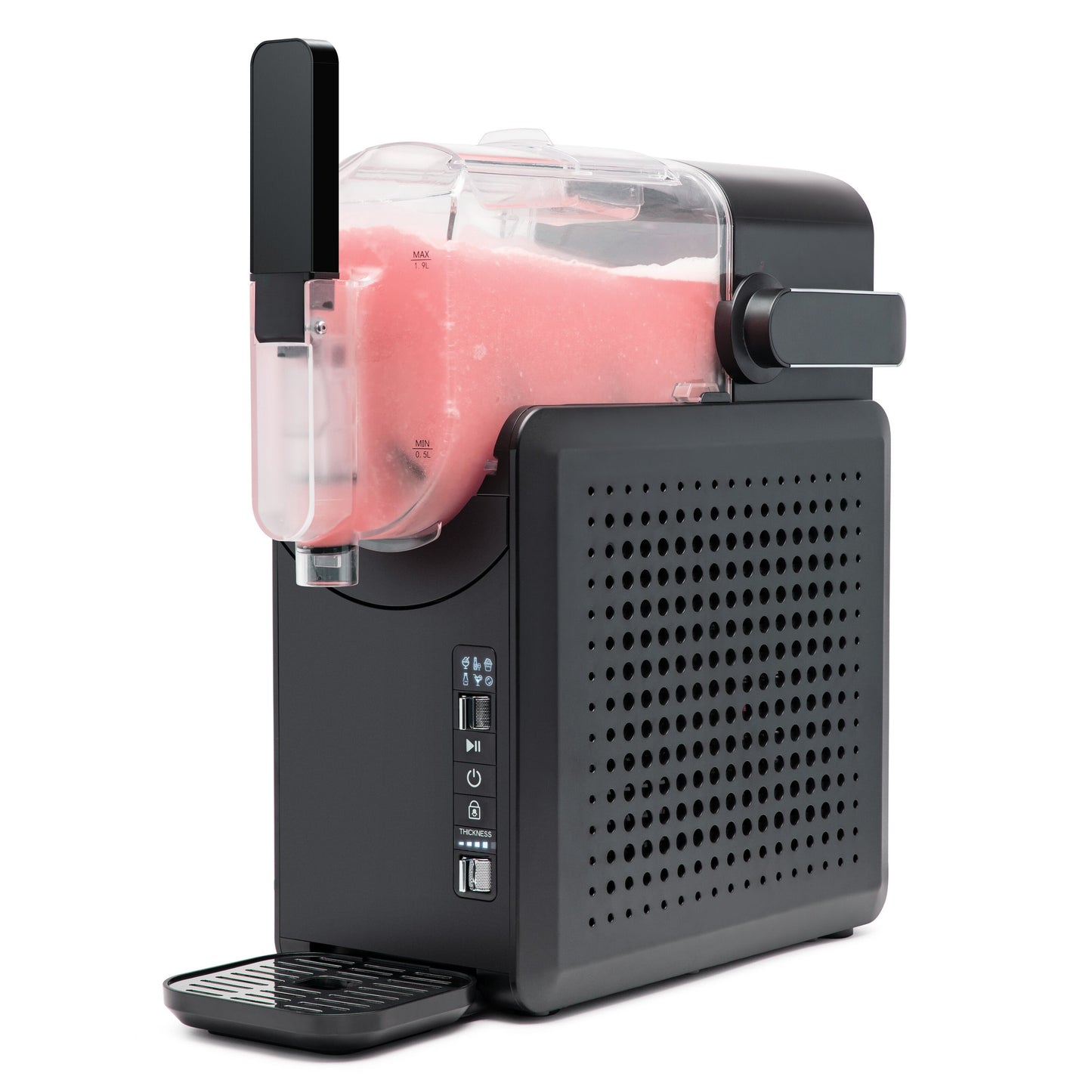 Slush ice maskine 1,9 L sort med indbygget kompressor, klar beholder med pink slushice, sideknapper og drypbakke.