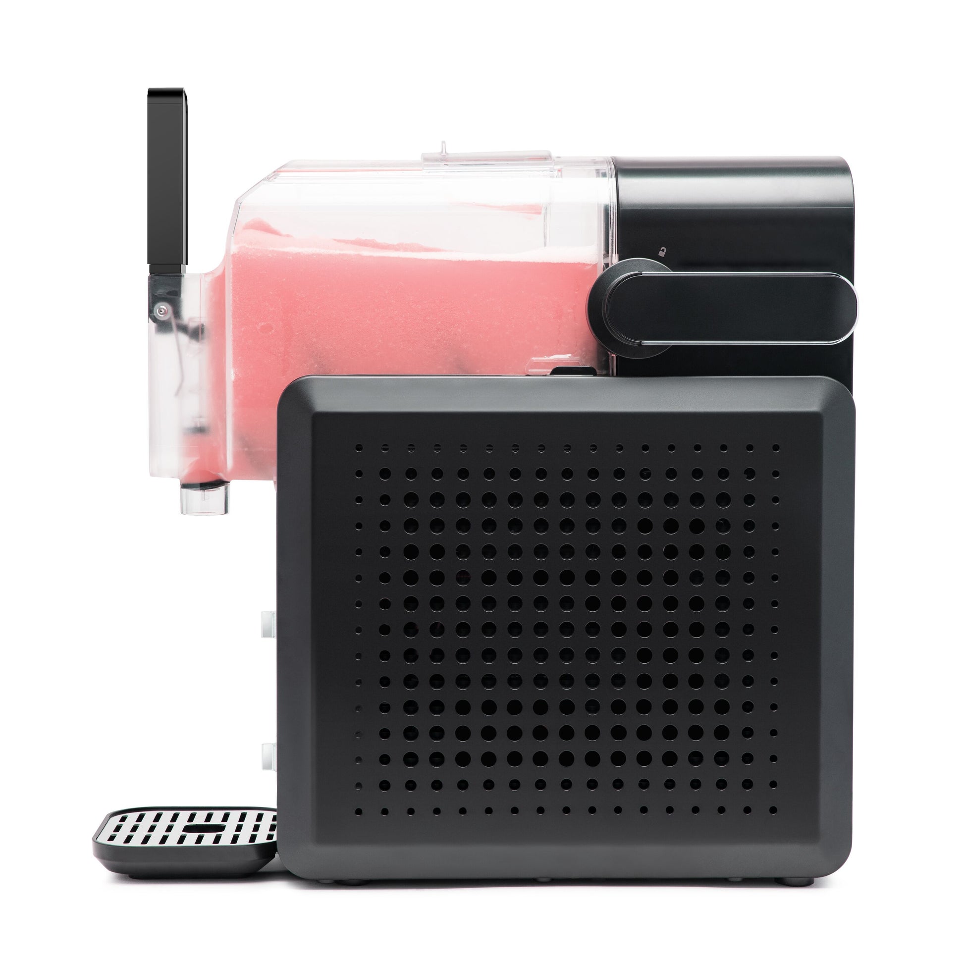Slush ice maskine sort 1,9 L med transparent beholder fyldt med pink slush, indbygget kompressor, set fra siden.