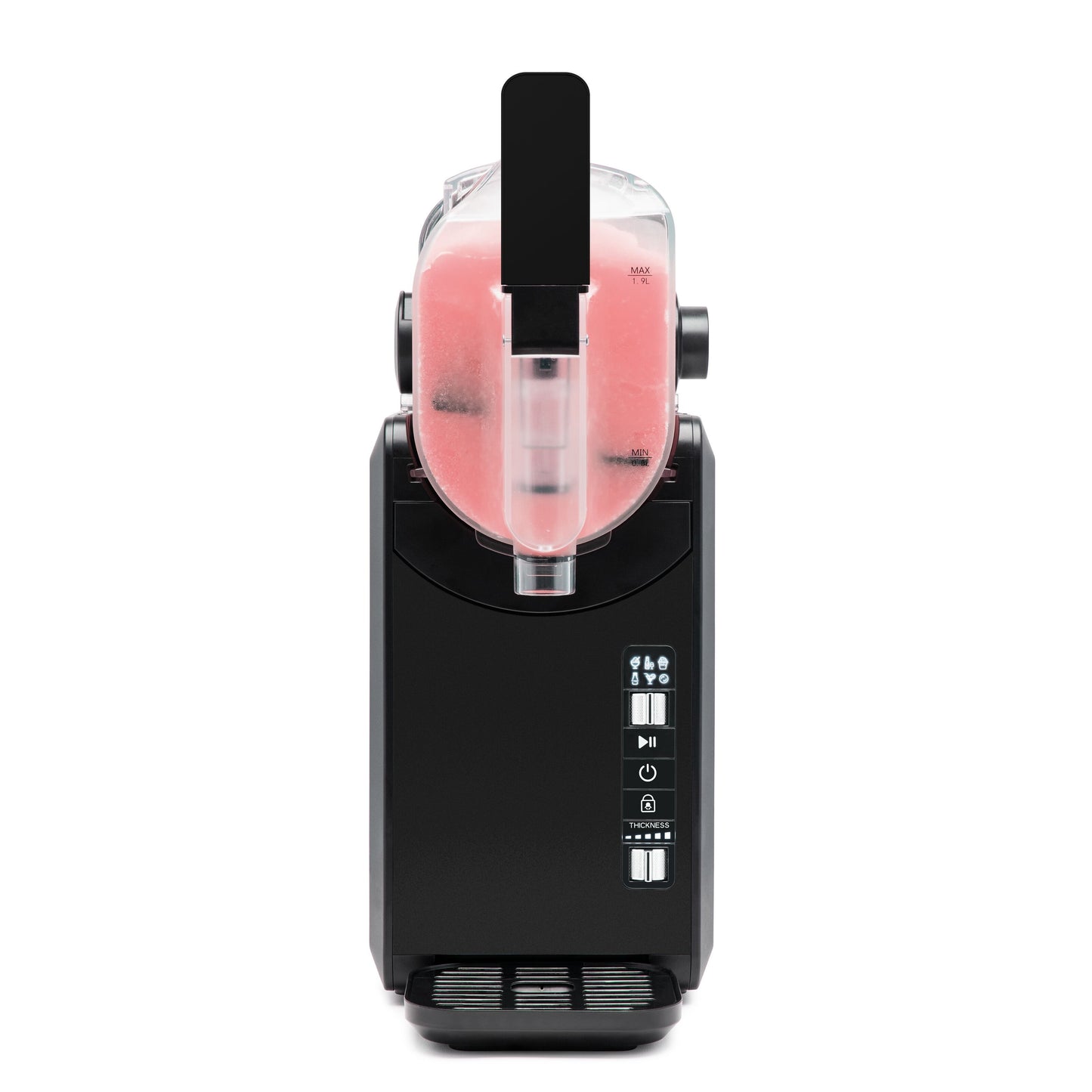 Sort slush ice maskine 1,9 L med indbygget kompressor, gennemsigtig beholder med pink slush og frontpanel med knapper.