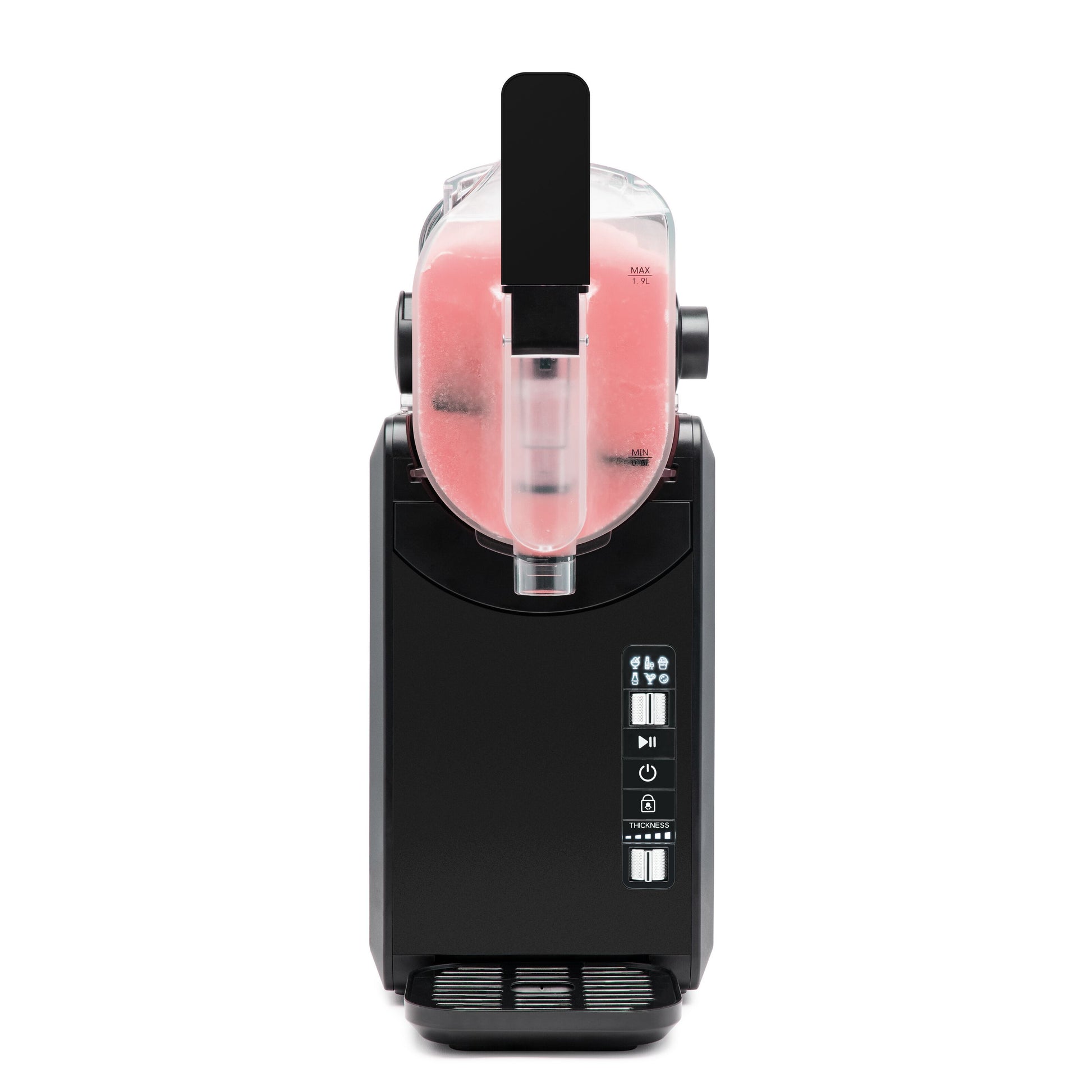 Sort slush ice maskine 1,9 L med indbygget kompressor, gennemsigtig beholder med pink slush og frontpanel med knapper.