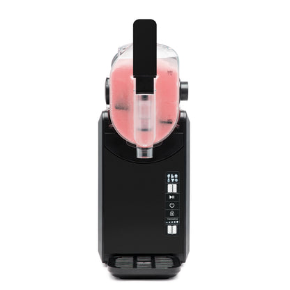 Sort slush ice maskine 1,9 L med indbygget kompressor, gennemsigtig beholder med pink slush og frontpanel med knapper.