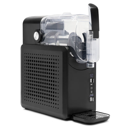 Slush ice maskine 1.9L, sort, transparent beholder, metal drejeknap, perforeret side, forlænget drypbakke, sideknapper.