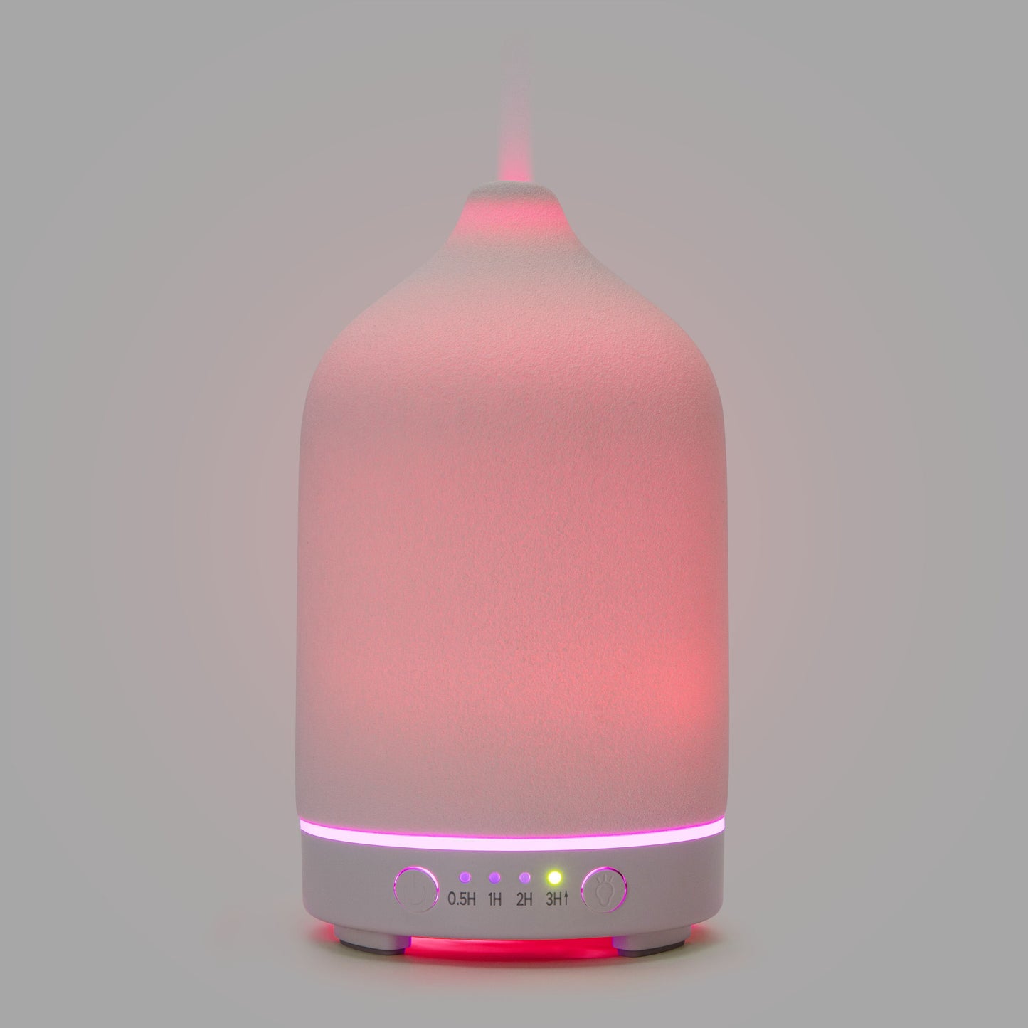 Aromadiffusorer med ultralyd, mat hvid, blødt pink lys og tåge, timerfunktion, knapper og LED-indikatorer på basen.