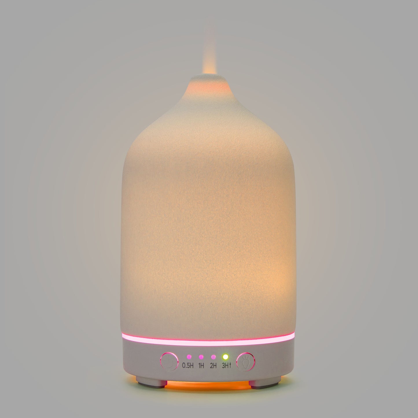Aromadiffuser ultralyd, kegleformet til æteriske olier, varm glød, tynd tåge, timerknapper og indikatorlys foran.
