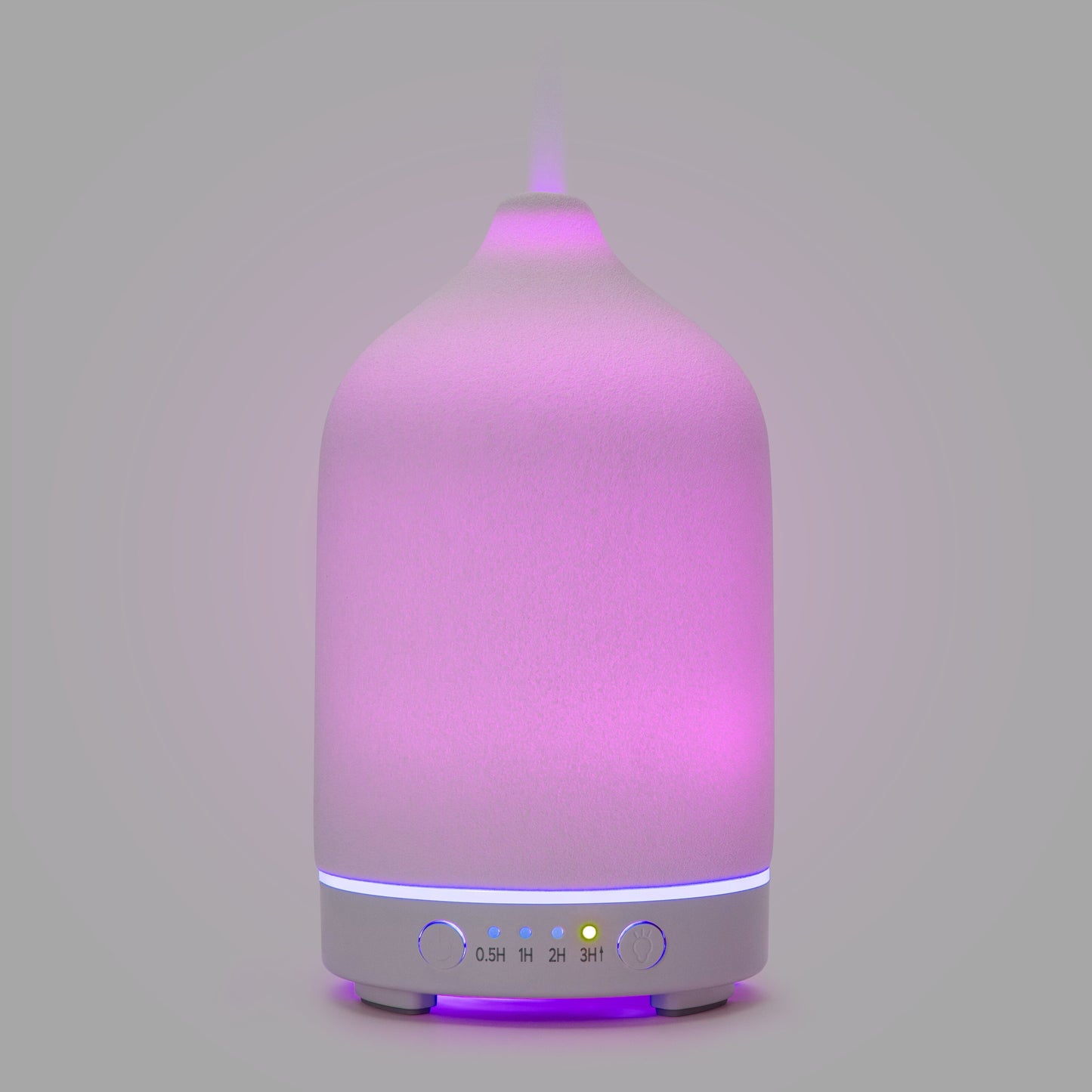 Ultralyd aromadiffuser pink-lilla glød, hvid base, timer (0,5H, 1H, 2H, 3H) og kontrolknapper.