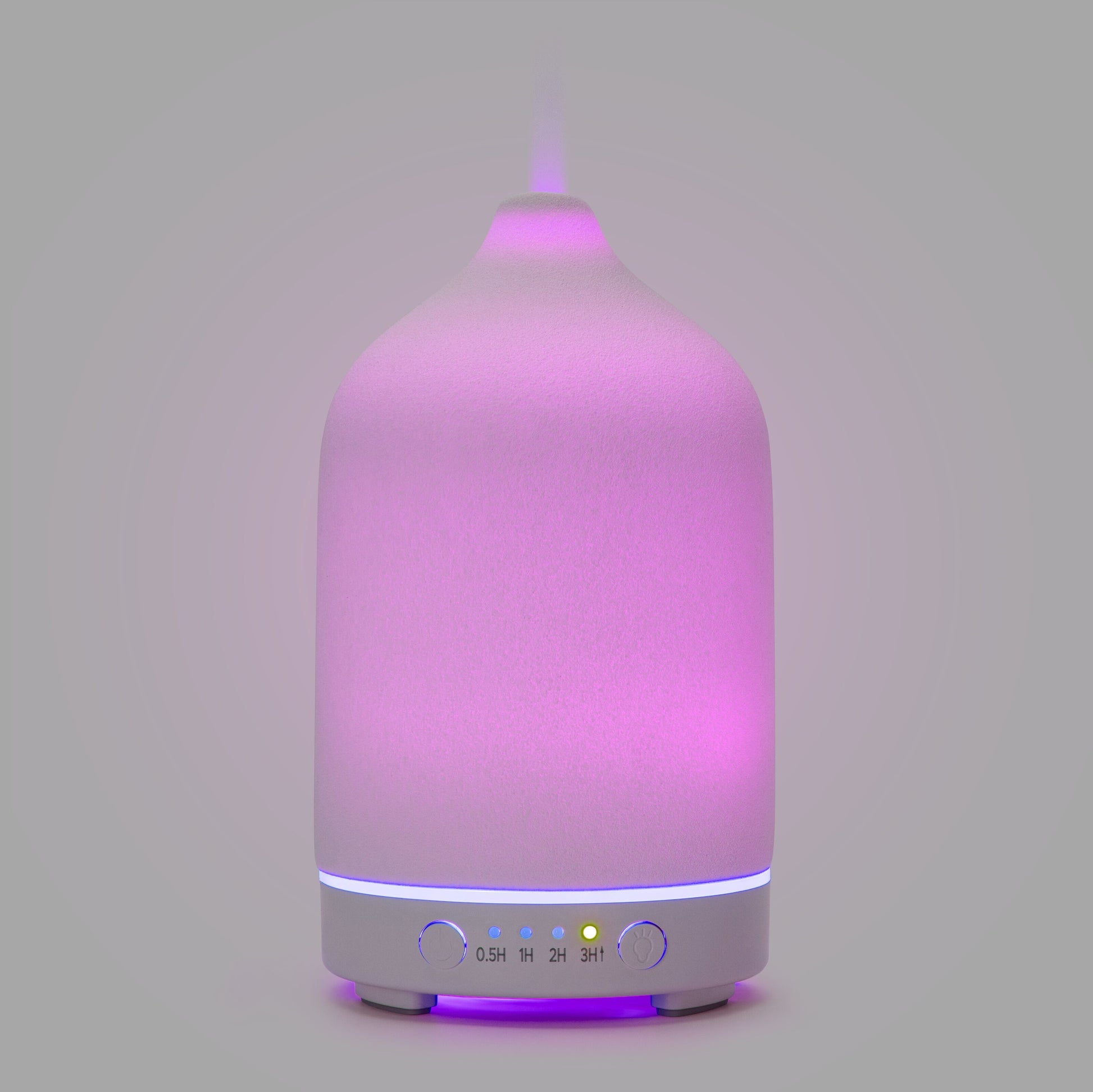 Ultralyd aromadiffuser pink-lilla glød, hvid base, timer (0,5H, 1H, 2H, 3H) og kontrolknapper.