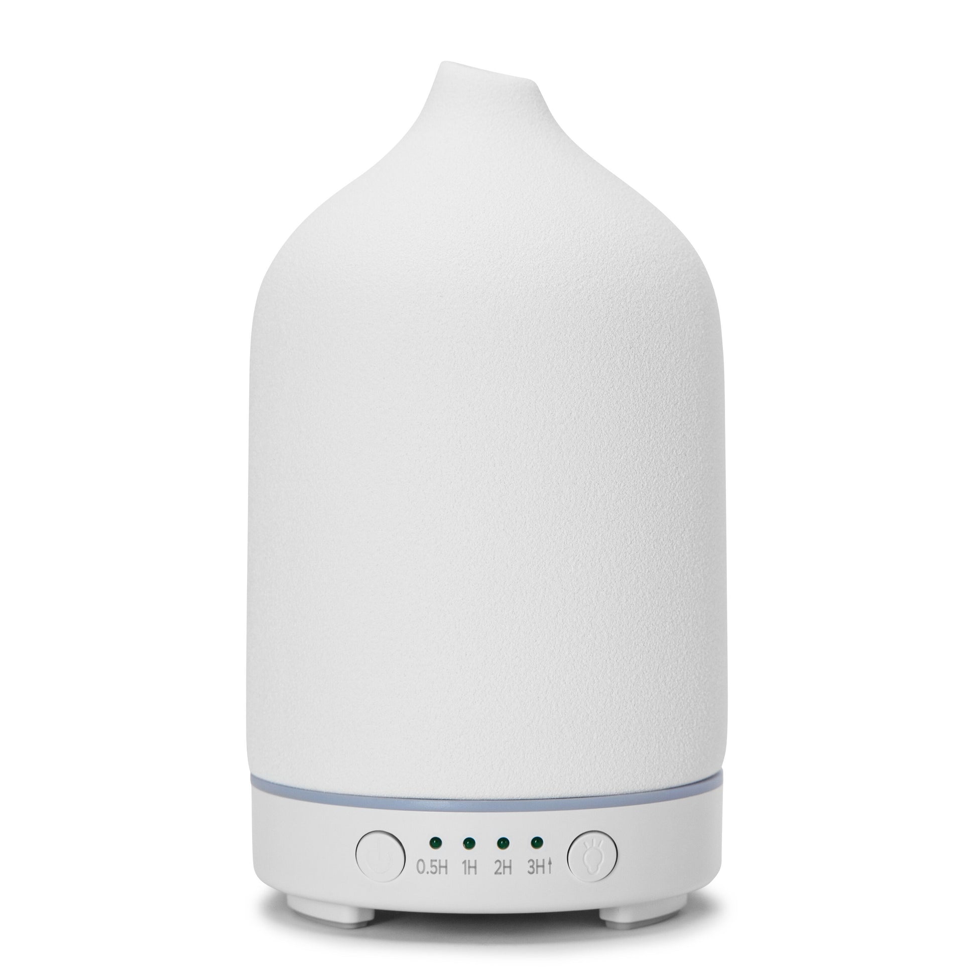 Ultralyd aromadiffuser, afrundet design med let spids top, små kontrolknapper og indikatorlys på frontbasen.