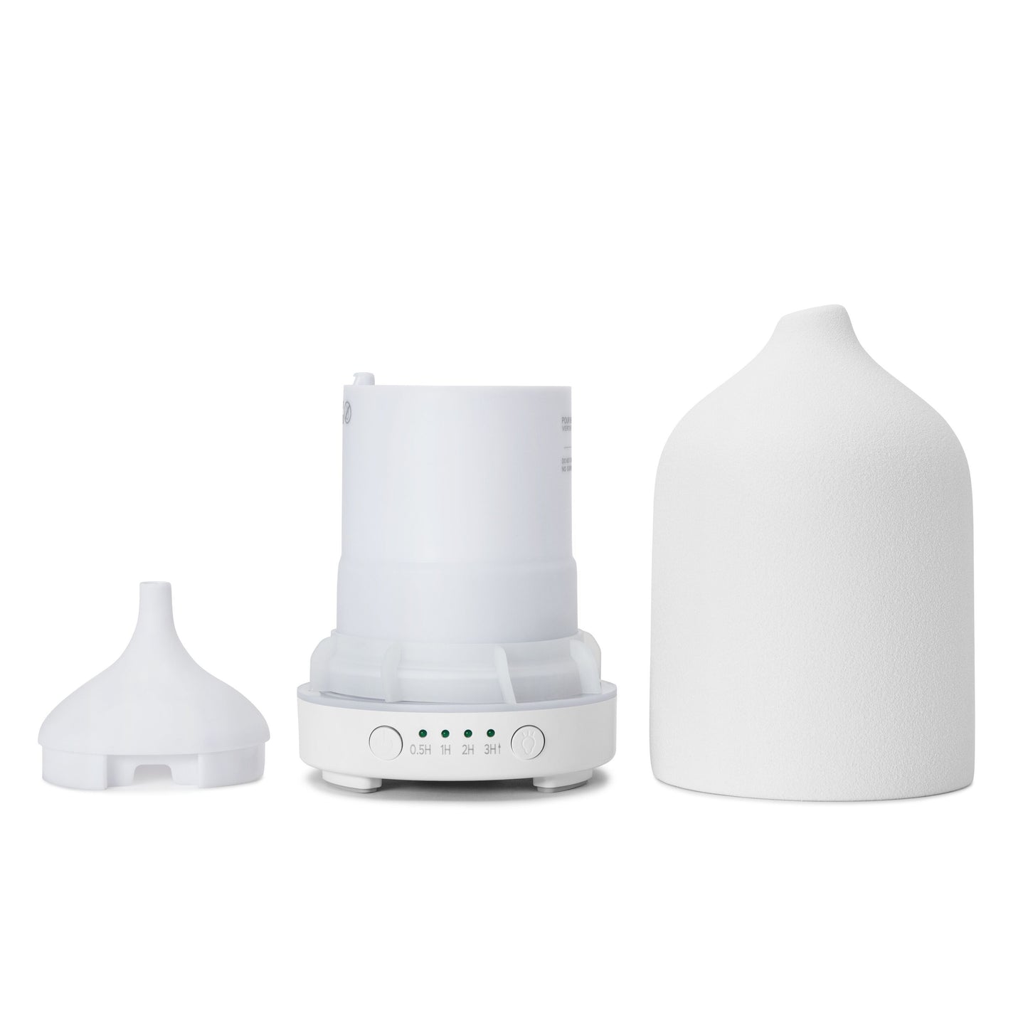 Aromadiffuser med ultralyd, base med knapper og indikatorlys, indre kammer, til forskellige ydercovers.