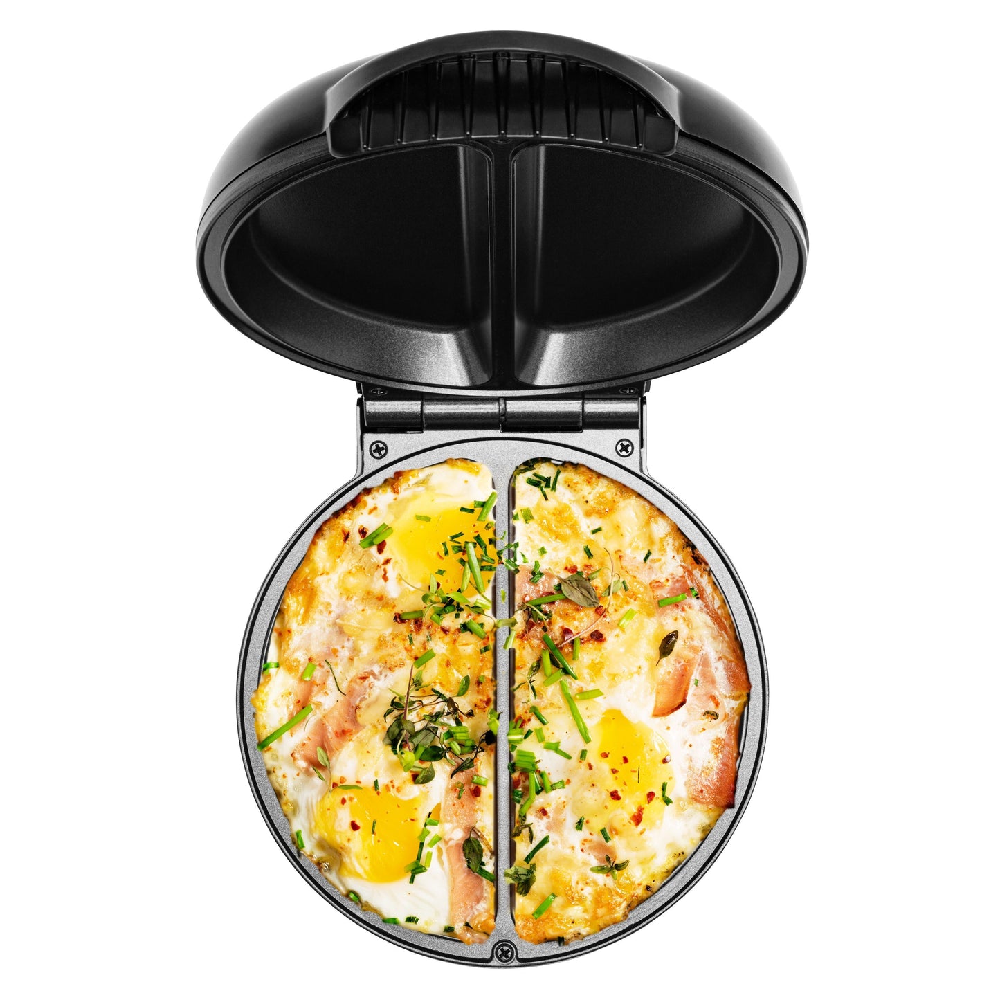 Rubicson Omeletjern med non-stick belægning, topvinkel, to rom med æg, smeltet ost, krydderurter og skinke.
