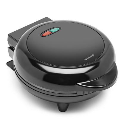 Omeletjern sort og rund med non-stick belægning, røde og grønne indikatorlys, håndtag og små fødder.
