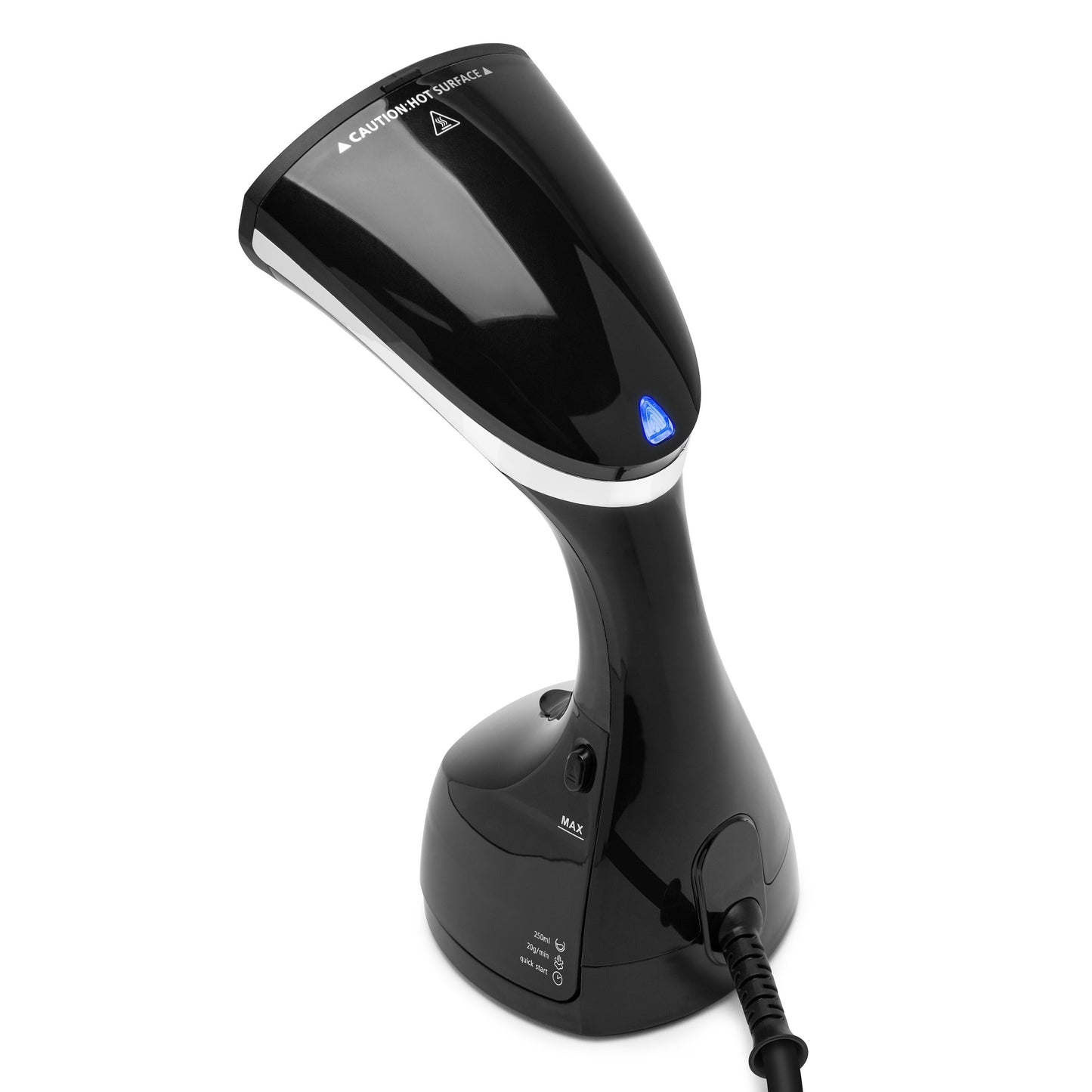 Rubicson Tøjdamper sort tøjsteamer med buet håndtag, synlig ledning og blå indikatorlampe på fronten.