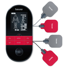Beurer EM 59 TENS/EMS muskelstimulator med varme, display med kropsdiagram, fire elektrodepuder, røde kontrolknapper.