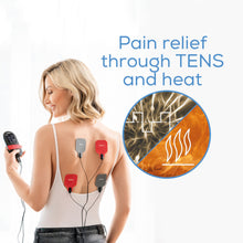 Beurer EM 59 TENS/EMS muskelstimulator med varme ses på ryg med 4 elektrodepads og tekst om TENS/EMS og varmeeffekt.