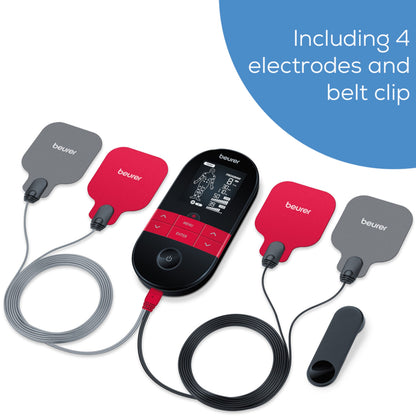 Beurer EM 59 TENS/EMS muskelstimulator sort/rød med varme, fire elektrodepuder, ledninger og sort bælteclip.