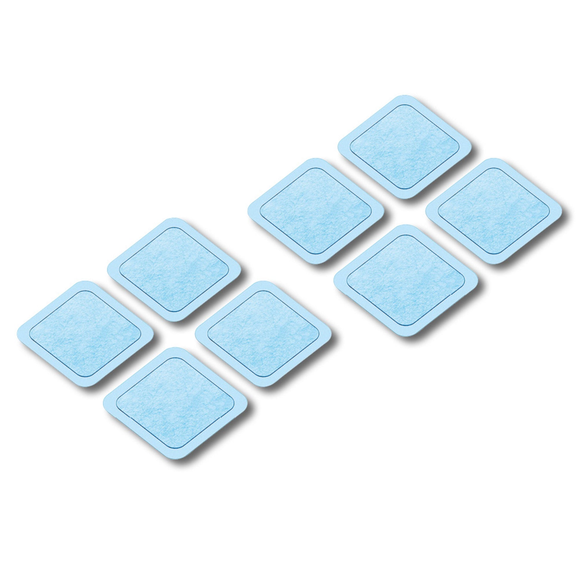Beurer Elektrodeplader EM 59, 8-pakke, lyseblå firkantede puder med afrundede hjørner.