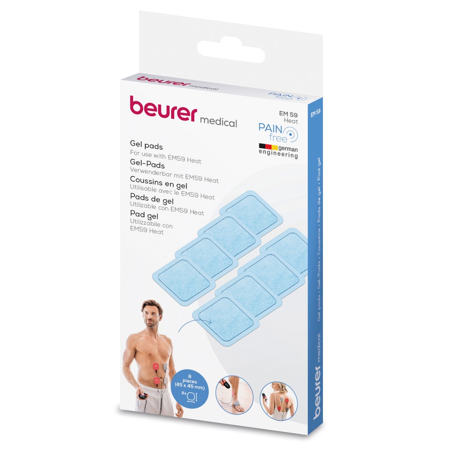 Beurer EM 59 elektrodeplader, 8-pak, blå, emballage viser plader og mand der påfører én på maven, multisporg tekst.