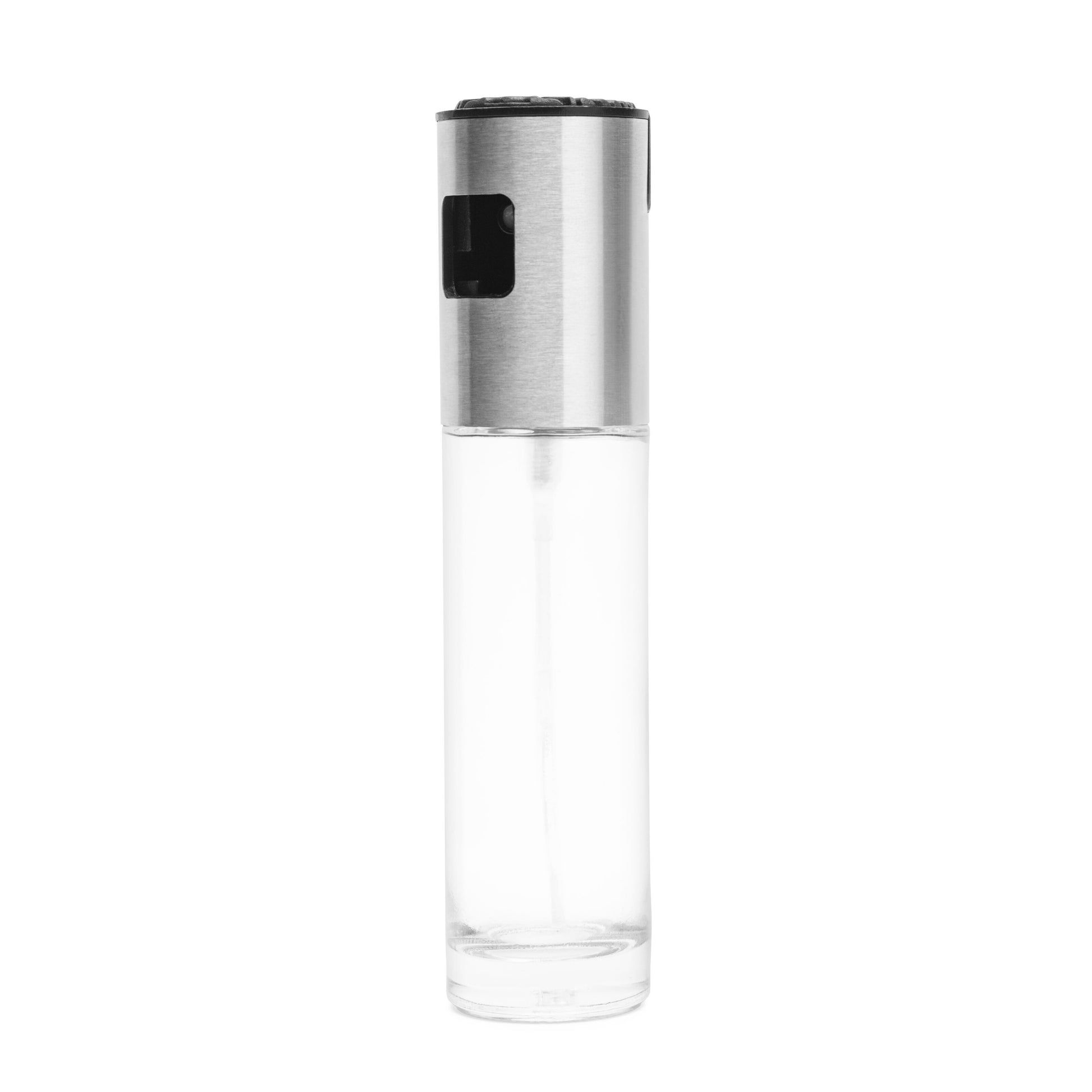 Rubicson sprayflaske til olie i klart glas med sølvfarvet metal top og sort dyse.