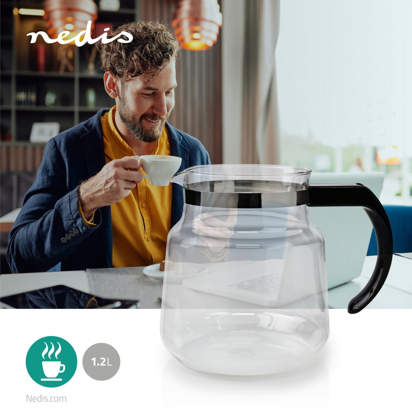 Nedis Glaskande 1,2 L til Moccamaster KBG/KBG Select med sort håndtag, Nedis logo synligt øverst til venstre.