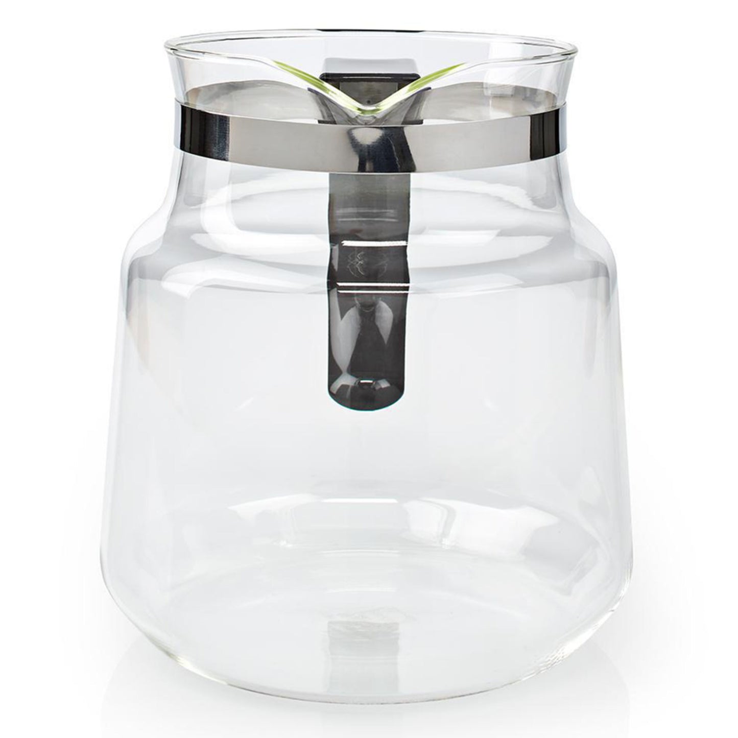 Glaskande 1,2 L til Moccamaster KBG/KBG Select med bred bund, smal hals, metalbånd foroven og sort plastikhåndtag.