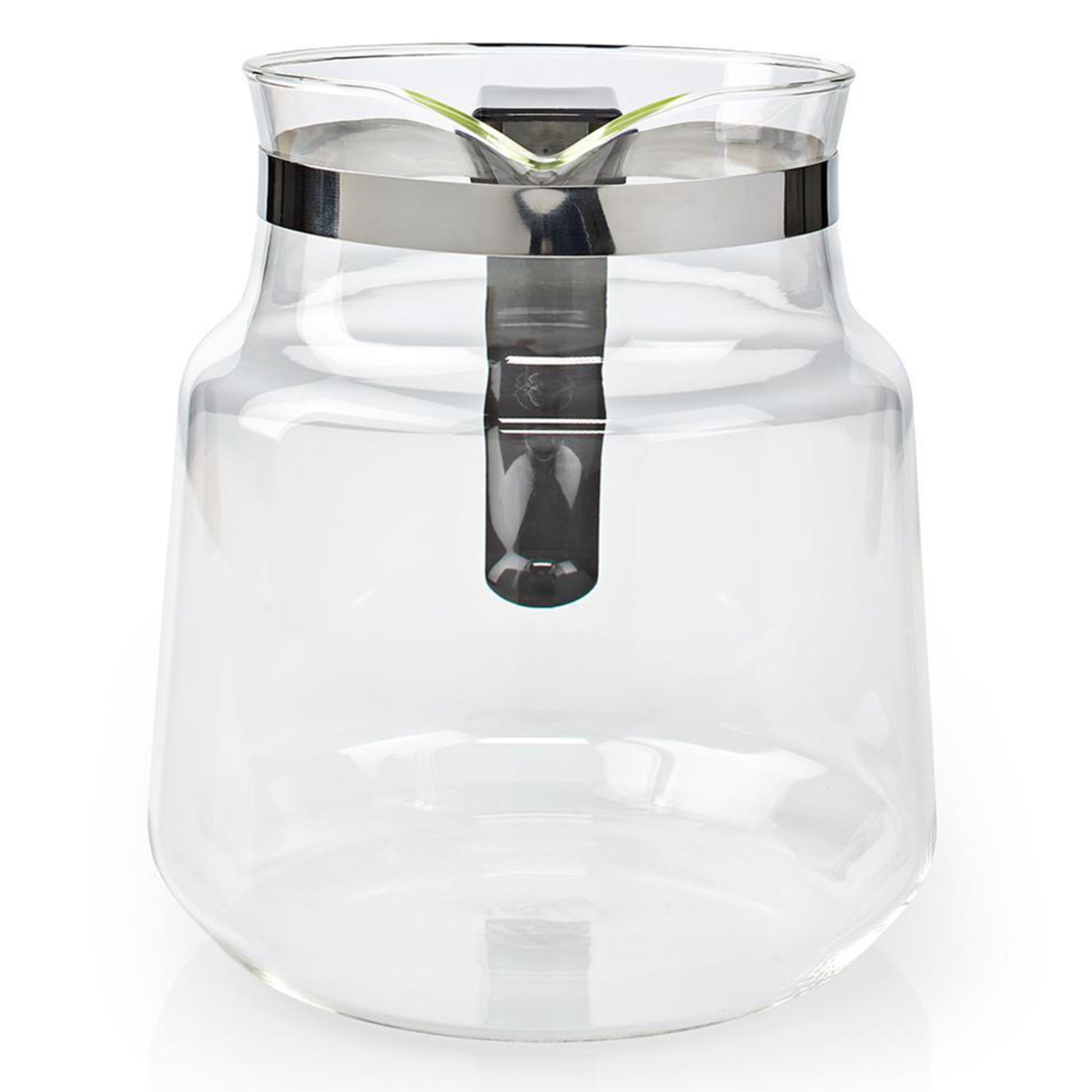 Glaskande 1,2 L til Moccamaster KBG/KBG Select med bred bund, smal hals, metalbånd foroven og sort plastikhåndtag.