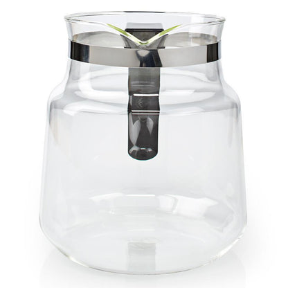 Glaskande 1,2 L til Moccamaster KBG/KBG Select med bred bund, smal hals, metalbånd foroven og sort plastikhåndtag.