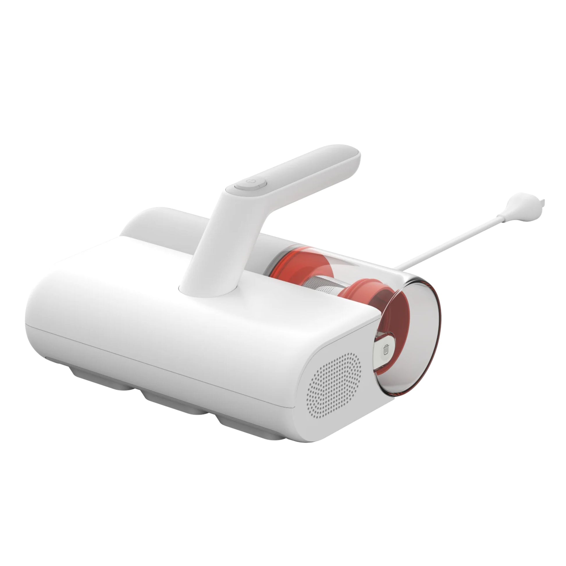 Xiaomi Kvalsterstøvsuger Dust Mite Vacuum 2 håndholdt, hvid med gennemsigtig støvbeholder og synlig ledning.