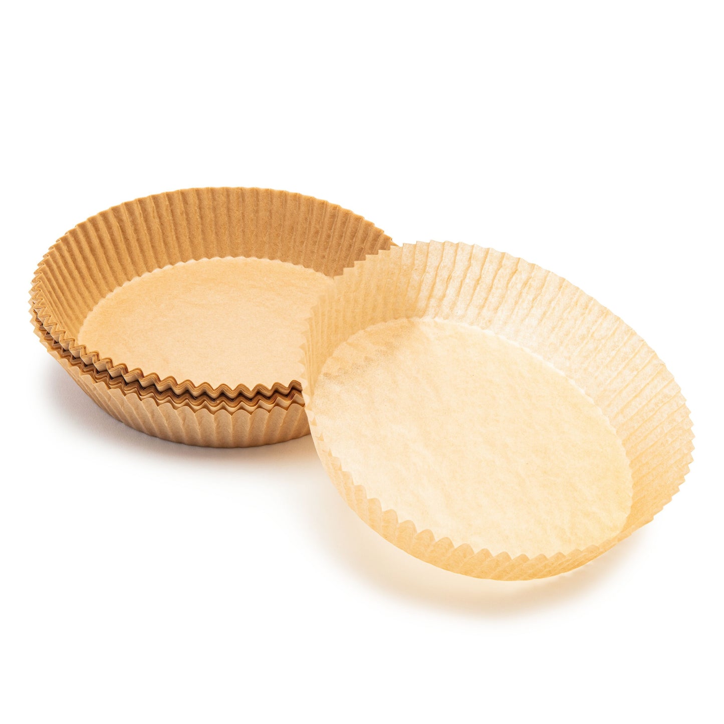 Rubicson airfryer papirark 50-pak ubleget brun, cupcake-lignende ark i stabel med rillede sider og flad bund.
