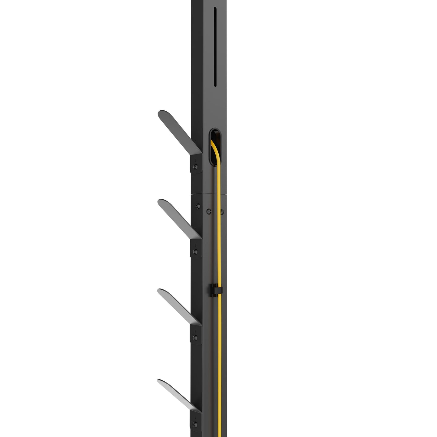 Sort metal gulvstativ til stangstøvsuger med skrå kroge og gul kabel, model Gulvstativ, egnet til opbevaring af udstyr.
