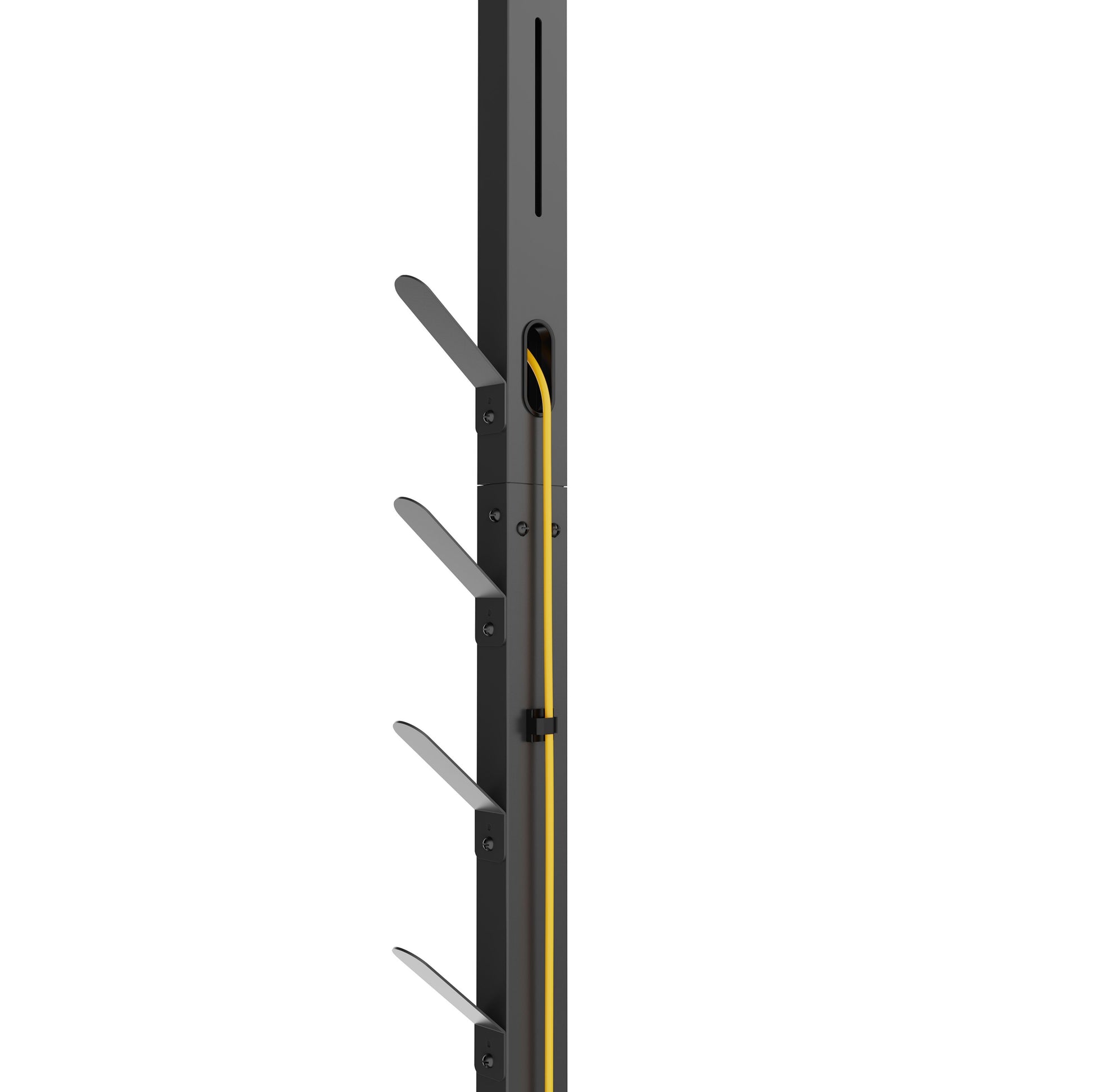 Sort metal gulvstativ til stangstøvsuger med skrå kroge og gul kabel, model Gulvstativ, egnet til opbevaring af udstyr.