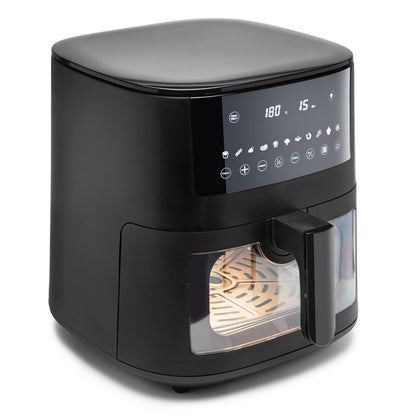 Airfryer XL 6,5 liter sort med non-stick kurv, digital touchskærm med temperatur og tid, frontvindue.