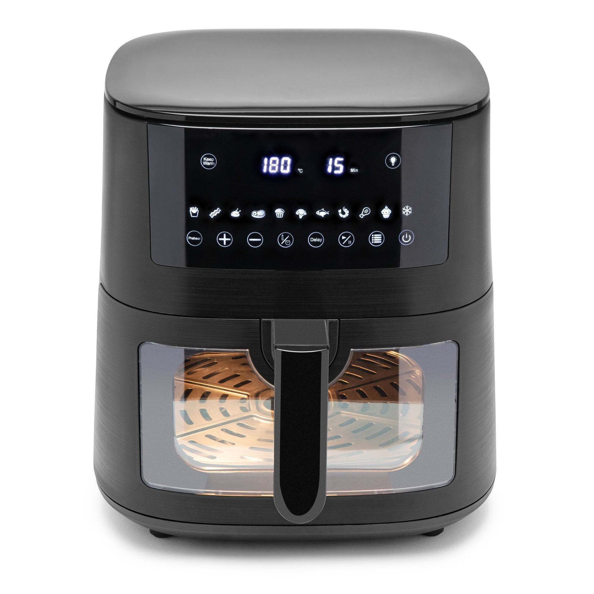 Airfryer XL 6,5 liter sort med touchscreen display for temperatur og tid, stor hank og transparent vindue til kurv.